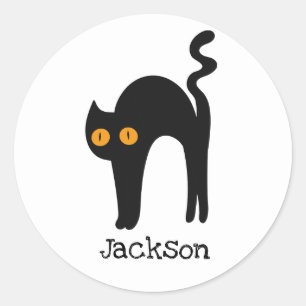 Scary black cat with orange eyes personalised classic round sticker
