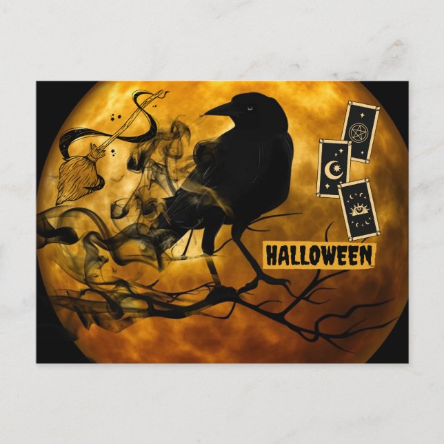 Scary Black Crow, Tarot Cards Halloween Full Moon  (Front)