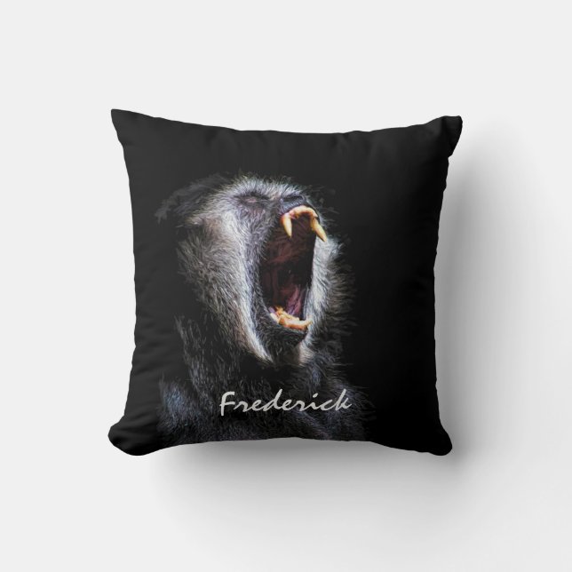 Scary Black Gibbon Monkey Fanged Teeth With Name Cushion (Front)
