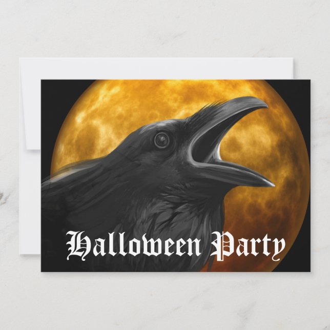 Scary Black Raven Full Moon Halloween Party Invitation (Front)