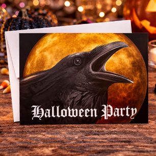 Scary Black Raven Full Moon Halloween Party Invitation