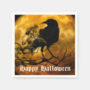 Scary Black Raven Full Moon Halloween Party Napkin