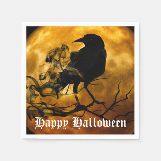 Scary Black Raven Full Moon Halloween Party Napkin (Front)