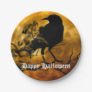 Scary Black Raven Full Moon Halloween Party Paper Plate