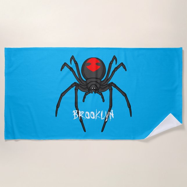 Scary black widow spider cartoon illustration  beach towel (Front)