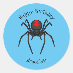 Scary black widow spider cartoon illustration classic round sticker