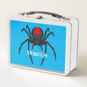 Scary black widow spider cartoon illustration metal lunch box
