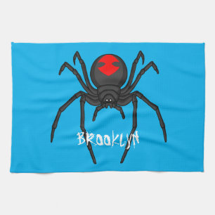 Scary black widow spider cartoon illustration tea towel