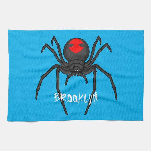 Scary black widow spider cartoon illustration tea towel (Horizontal)