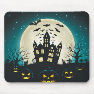 Scary Blue and Black Haunted House Halloween Mouse Mat