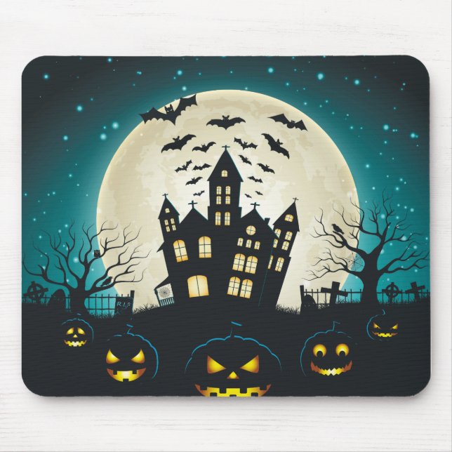 Scary Blue and Black Haunted House Halloween Mouse Mat (Front)
