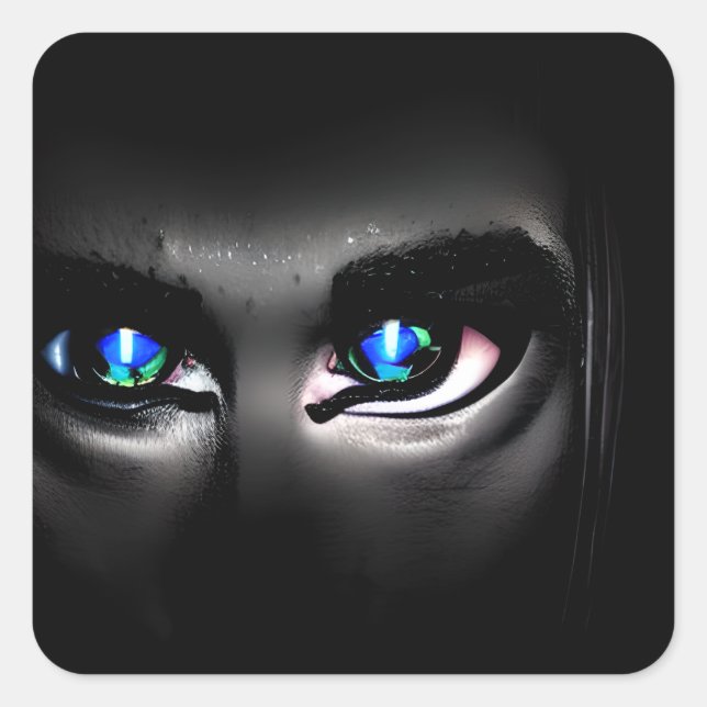 Scary Blue Eyes Staring out of the Dark Square Sticker (Front)