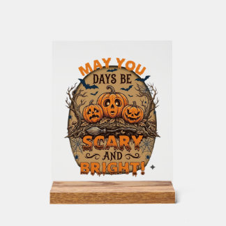 Scary Bright Halloween Pumpkins Bats Broomstick_1 Acrylic Sign