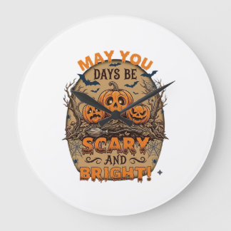 Scary Bright Halloween Pumpkins Bats Broomstick_1 Large Clock