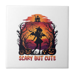 Scary But Cute Halloween Bat Girl Pumpkins Haunted Tile