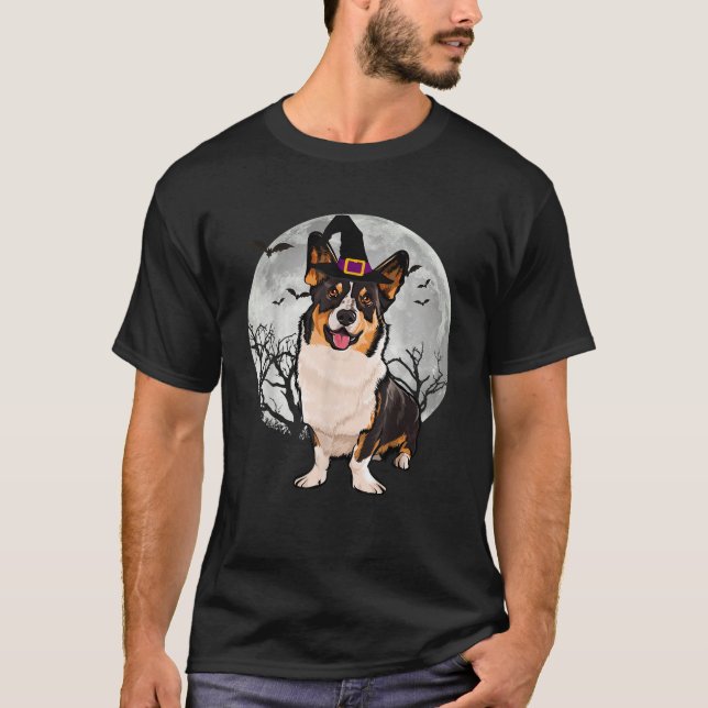 Scary Cardigan Welsh Corgi Dog Witch Hat Halloween T-Shirt (Front)