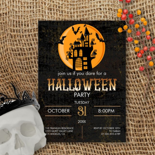 Scary Castle Flying Bats Halloween Party Invitation (Creator Uploaded)