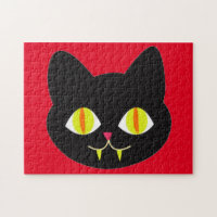 Scary Cat Face with Big Green Eyes, Canine Tooth
