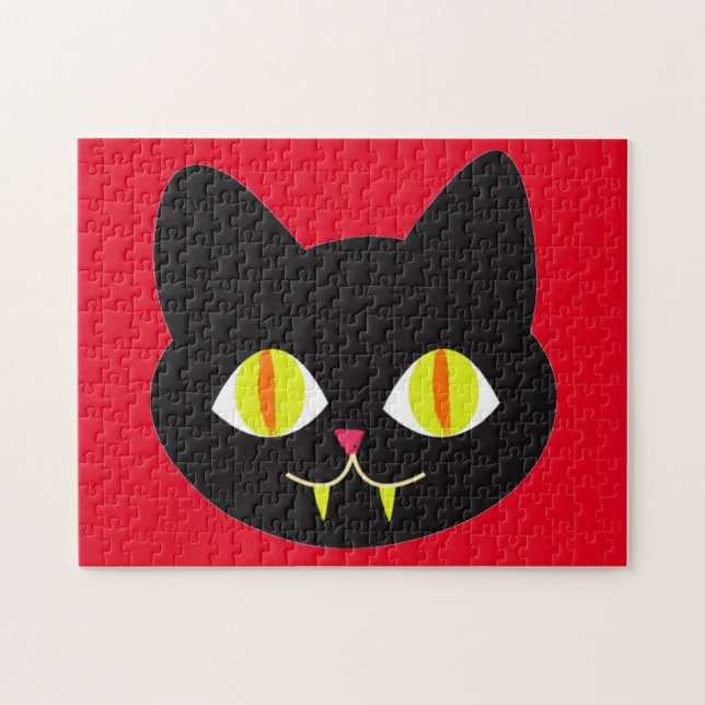 Scary Cat Face with Big Green Eyes, Canine Tooth Jigsaw Puzzle (Horizontal)