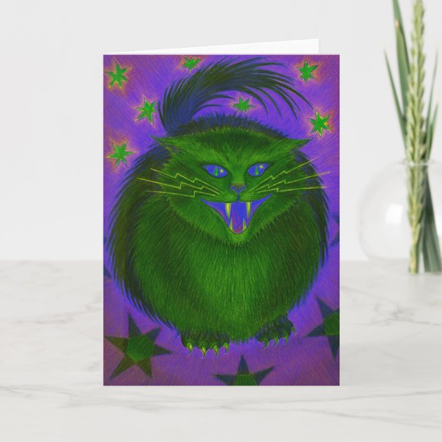 Scary Cat Green greetings card (Front)
