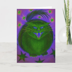 Scary Cat Green 'Happy Halloween' greetings card