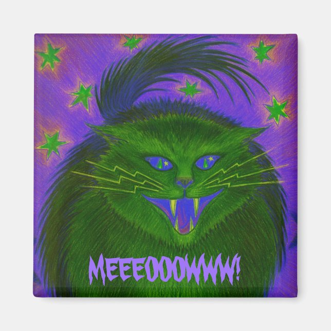 Scary Cat Green 'MEEEOOOWWW!' fridge magnet (Front)