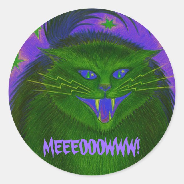 Scary Cat Green 'MEEEOOOWWW!' sticker (Front)