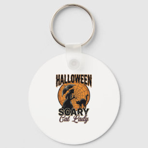 Scary Cat Lady Halloween Witch Web Vintage Shirt_1 Key Ring