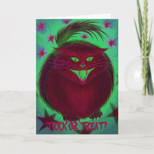 Scary Cat Red 'Trick or Treat?' greetings card