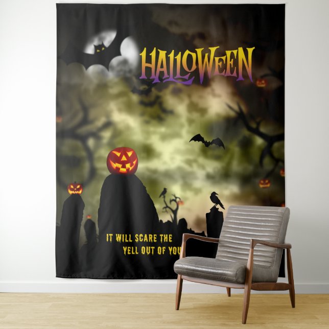 Scary Cemetery Halloween Party Backdrop Tapestry (In Situ)