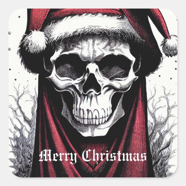 Scary Christmas Skull With Santa Hat Square Sticker (Front)