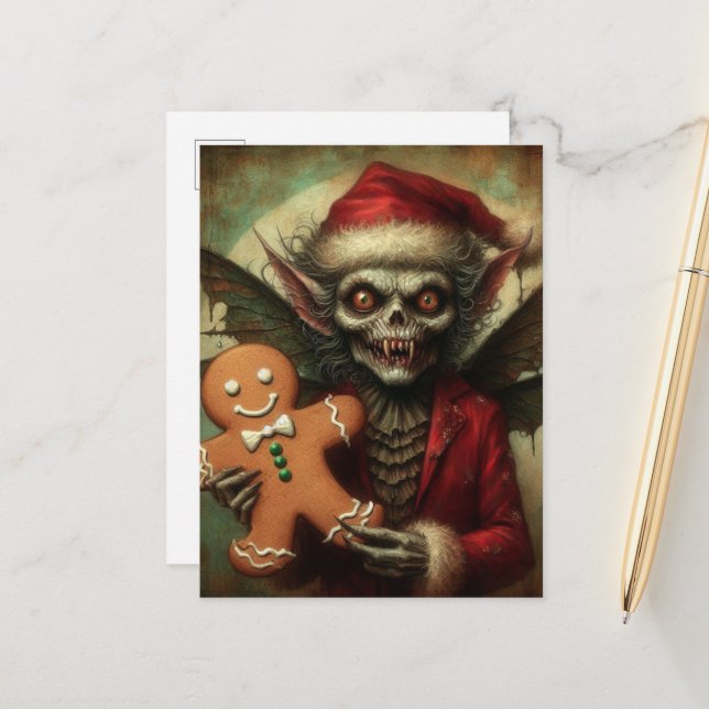 Scary Christmas Vampire Fairy With Gingerbread Postcard (Front/Back In Situ)