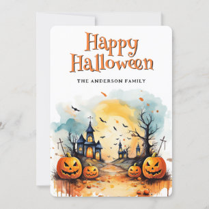Scary Church Graveyard Pumpkins Bat Halloween Card