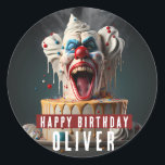 Scary clown themed Birthday Classic Round Sticker<br><div class="desc">Birthday stickers featuring a Scary clown themed birthday cake with "Happy Birthday",  all-caps bold font. Personalise it by adding your name(s).</div>