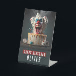 Scary clown themed Birthday Pedestal Sign<br><div class="desc">A Birthday pedestal sign featuring a Scary clown themed birthday cake with "Happy Birthday",  all-caps bold font. Personalise it by adding your name(s).</div>