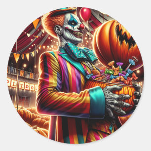 Scary Clown with Jack O' Lantern Halloween Classic Round Sticker