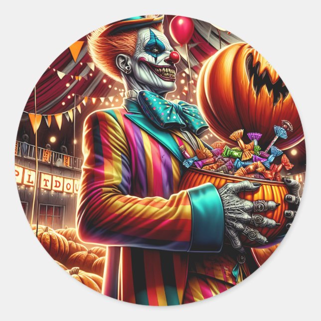 Scary Clown with Jack O' Lantern Halloween Classic Round Sticker (Front)