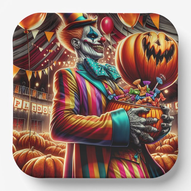 Scary Clown with Jack O' Lantern Halloween Paper Plate (Front)