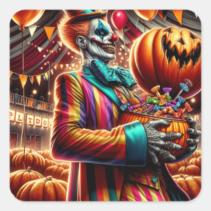 Scary Clown with Jack O' Lantern Halloween Square Sticker