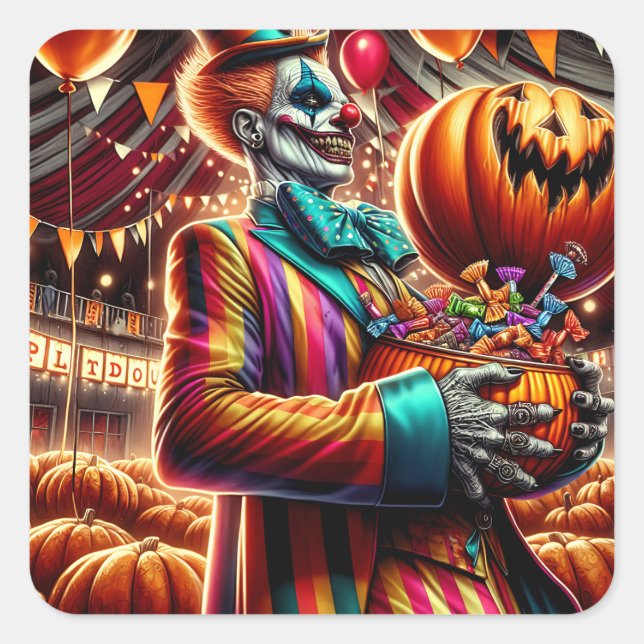 Scary Clown with Jack O' Lantern Halloween Square Sticker (Front)