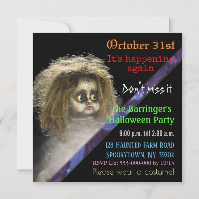 Scary Creepy Doll  Halloween Semi Gloss Invitation (Front)