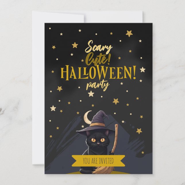 Scary Cute Black Cat Witch Hat Halloween Party Invitation (Front)
