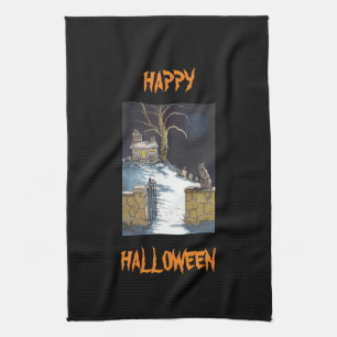 Scary Cute Halloween Haunted House Cat Tea Towel