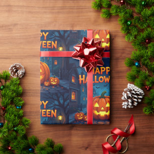 Scary Cute Pumpkins, Ghosts & Spider Web Design Wrapping Paper