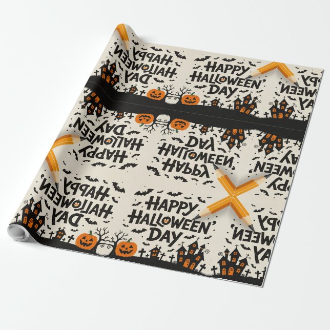 Scary Cute Pumpkins, Ghosts & Spider Web Design Wrapping Paper (Unrolled)