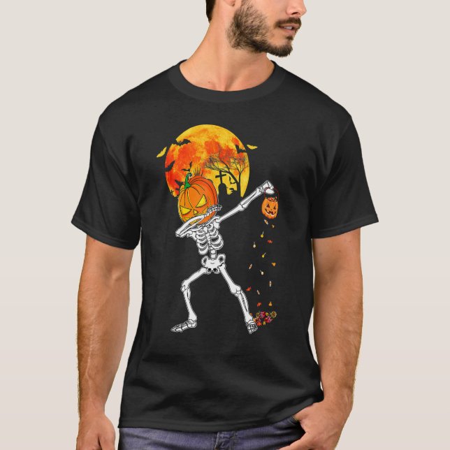Scary Dabbing Skeleton Pumpkin Halloween Costume B T-Shirt (Front)