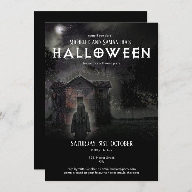 Scary Dark Modern Haunted House Long Hair Woman Invitation (Front/Back)