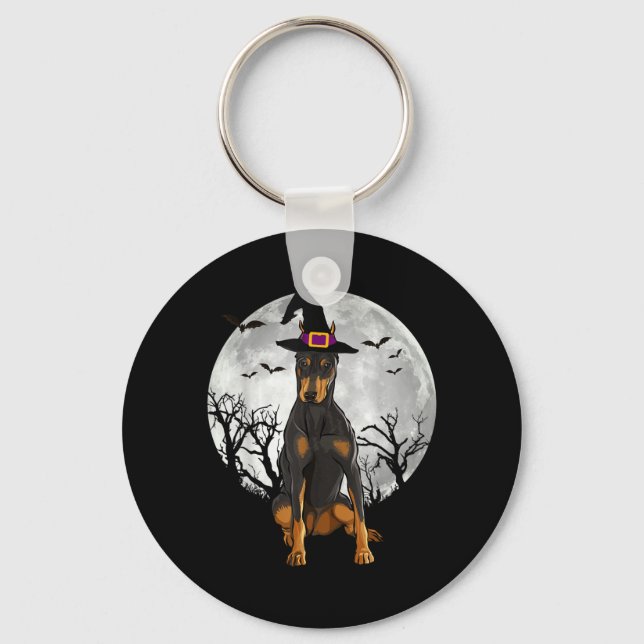 Scary Doberman Pinscher Dog Witch Hat Halloween Key Ring (Front)