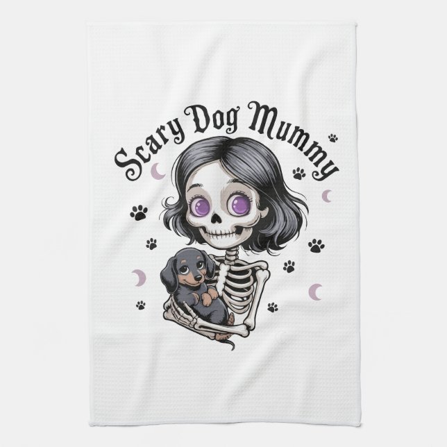  Scary Dog Mummy Skeleton Dachshund  Tea Towel (Vertical)