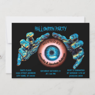 Scary Evil Blue Witch Hands Orange Eye Black Invitation
